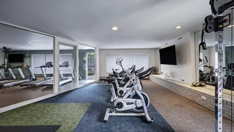 Modern fitness room with treadmills, spin bikes, and weights. Mirrored wall reflects equipment. Blue and green carpet.