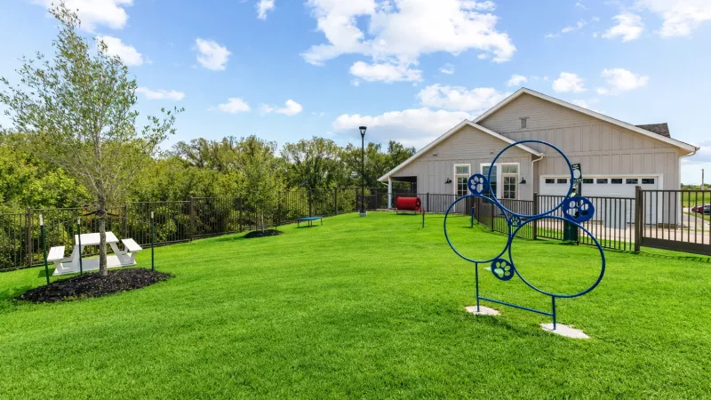 Green grassy dog park area with blue agility hoops, a white picnic table, and a tan building under a blue sky.