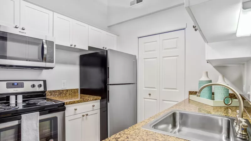 Kitchen with white cabinets, stainless steel appliances, speckled granite countertops, and a double-door pantry.