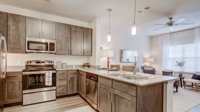 Modern kitchen with gray wooden cabinets, stainless steel appliances, granite counters, and an open-plan living room.