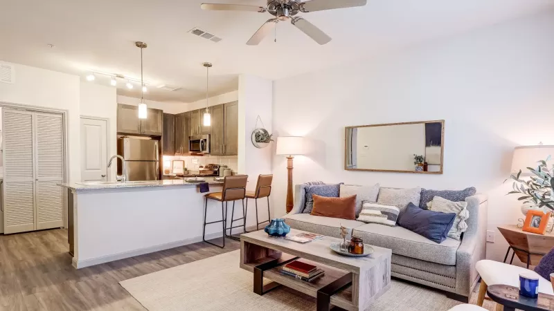 Modern open-concept living room with a grey sofa, wooden coffee table, white rug, and an adjoining kitchen with island.