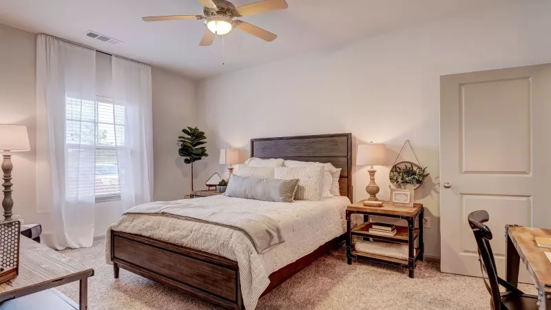 Bright, airy bedroom with a dark wood bed, white bedding, two nightstands with lamps, a window, and light shaggy carpet.