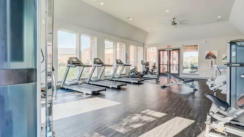 Bright, spacious gym with treadmills, exercise bikes, and weight machines. Large windows let in sunlight.