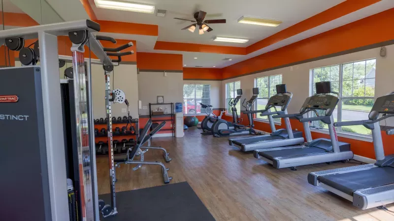 Modern gym with orange accent walls, treadmills, weight training equipment, and wooden floor.