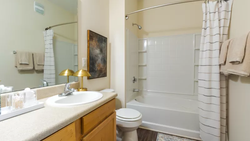 Clean, modern bathroom with a white sink, light wood vanity, toilet, and bathtub featuring a striped shower curtain.