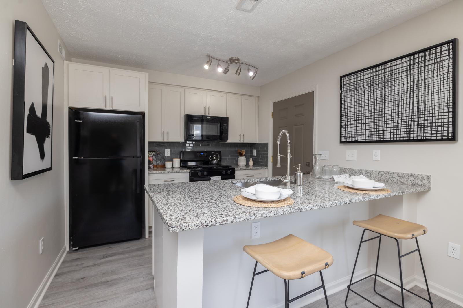 Modern kitchen with sleek granite countertops, bar seating, stainless steel sink, black appliances, and contemporary artwork, offering a stylish and functional living space in the apartment community.
