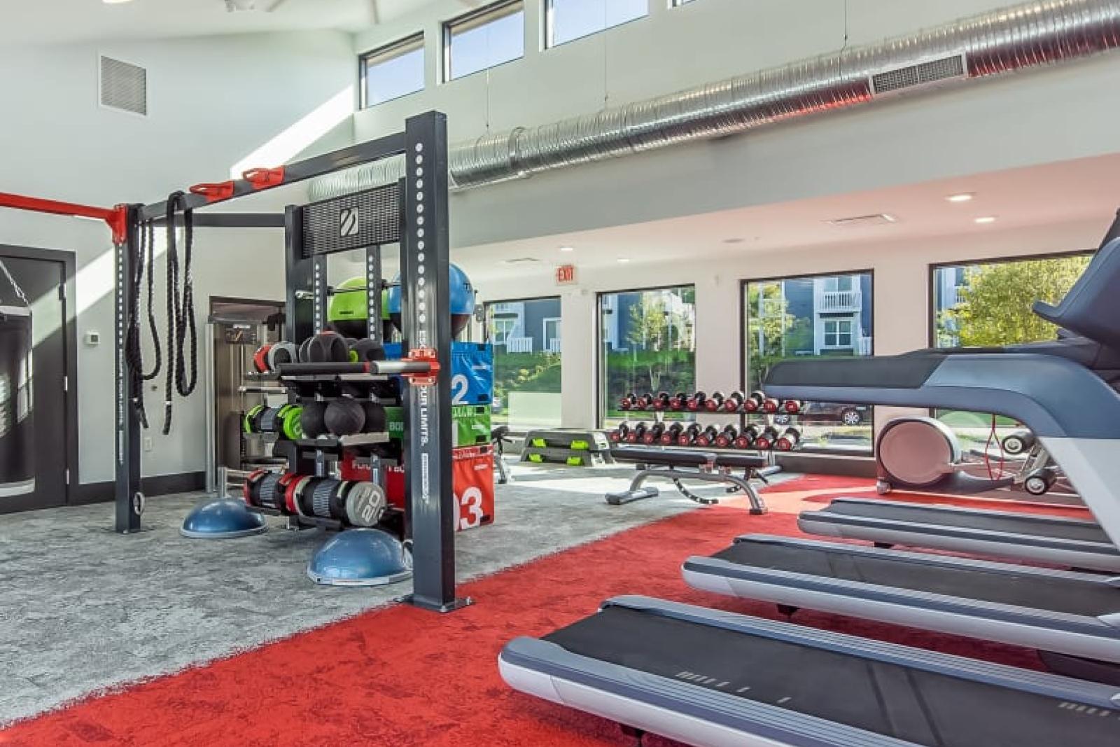 A modern and well-equipped apartment gym featuring treadmills, weights, and exercise equipment, with large windows providing natural light and a spacious, energetic atmosphere.