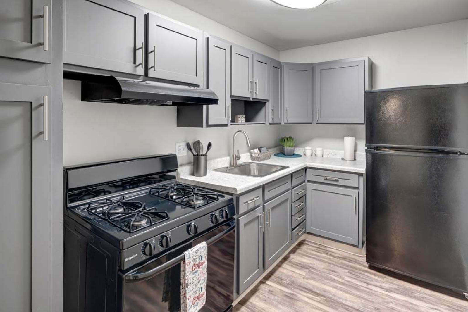Open kitchen design with gray cabinetry, black appliances, and hardwood-style flooring.