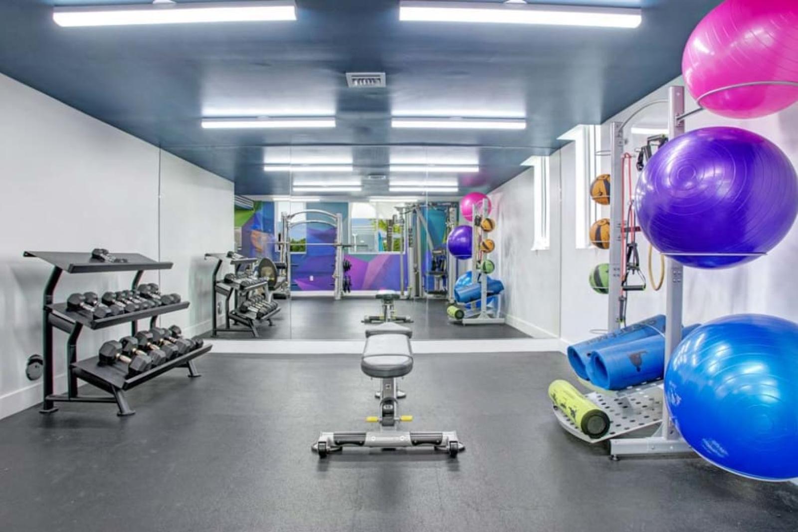 Fully equipped fitness center at 275 Fontaine Parc featuring free weights, exercise balls, and vibrant wall art for an energizing workout environment.