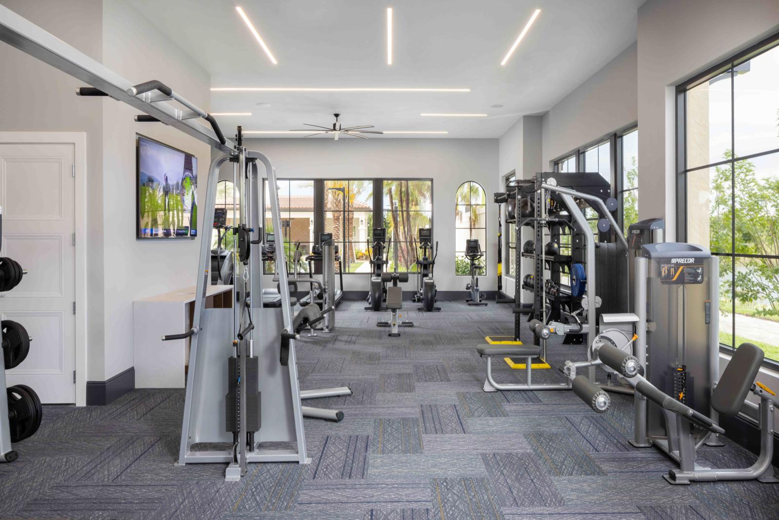 A state-of-the-art fitness center with floor-to-ceiling windows, featuring strength training equipment, TRX bands, medicine balls, and modern exercise machines.