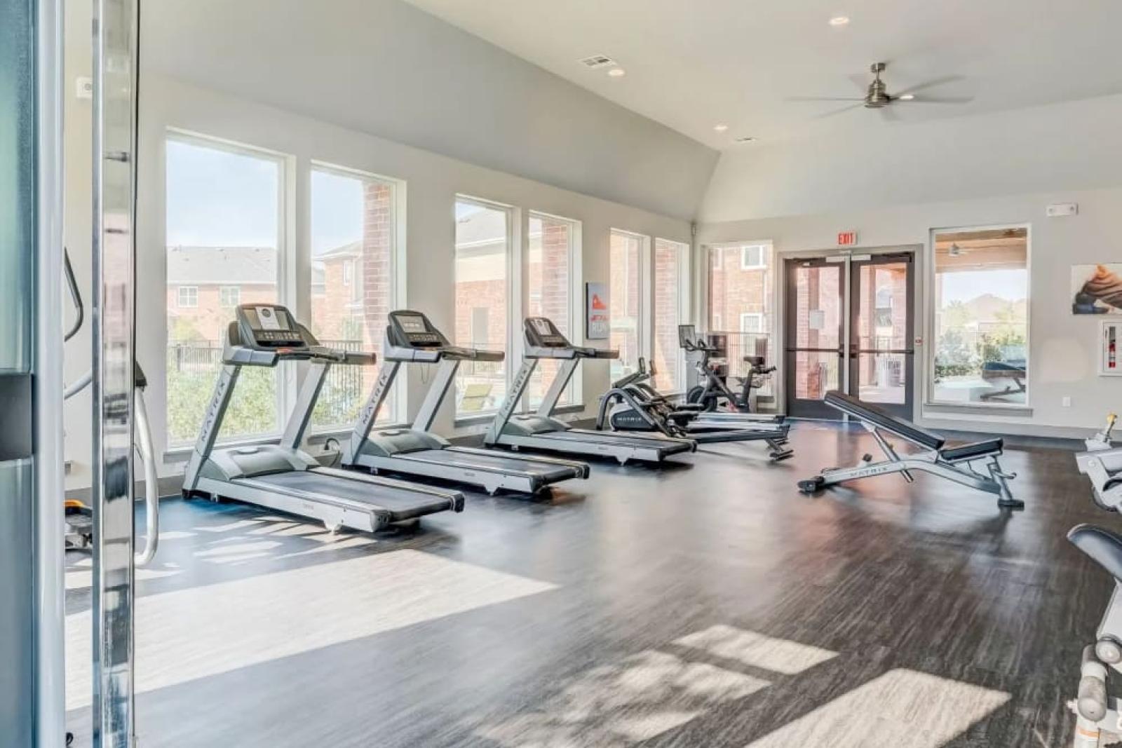 Well-equipped gym with treadmills, rowing machines, and a bright, airy design at The Emerson at Forney Apartments.