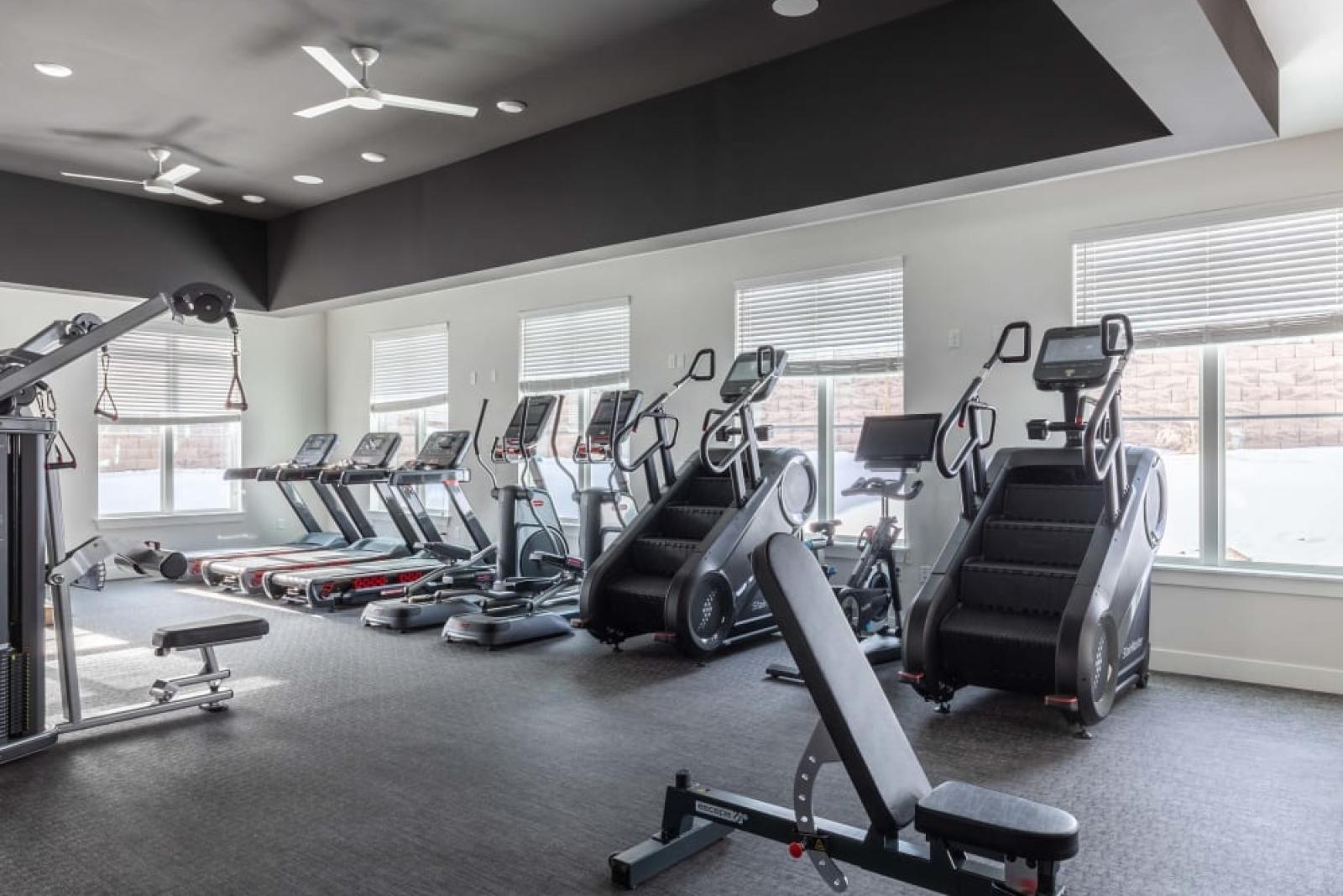 Spacious gym area featuring treadmills, stair climbers, and cardio equipment with large windows offering natural light.