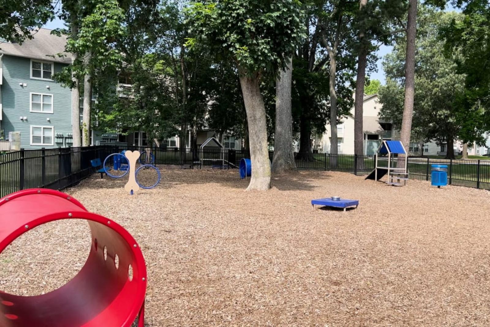 A fenced dog park with agility equipment, trees for shade, and woodchip ground cover, surrounded by apartment buildings.