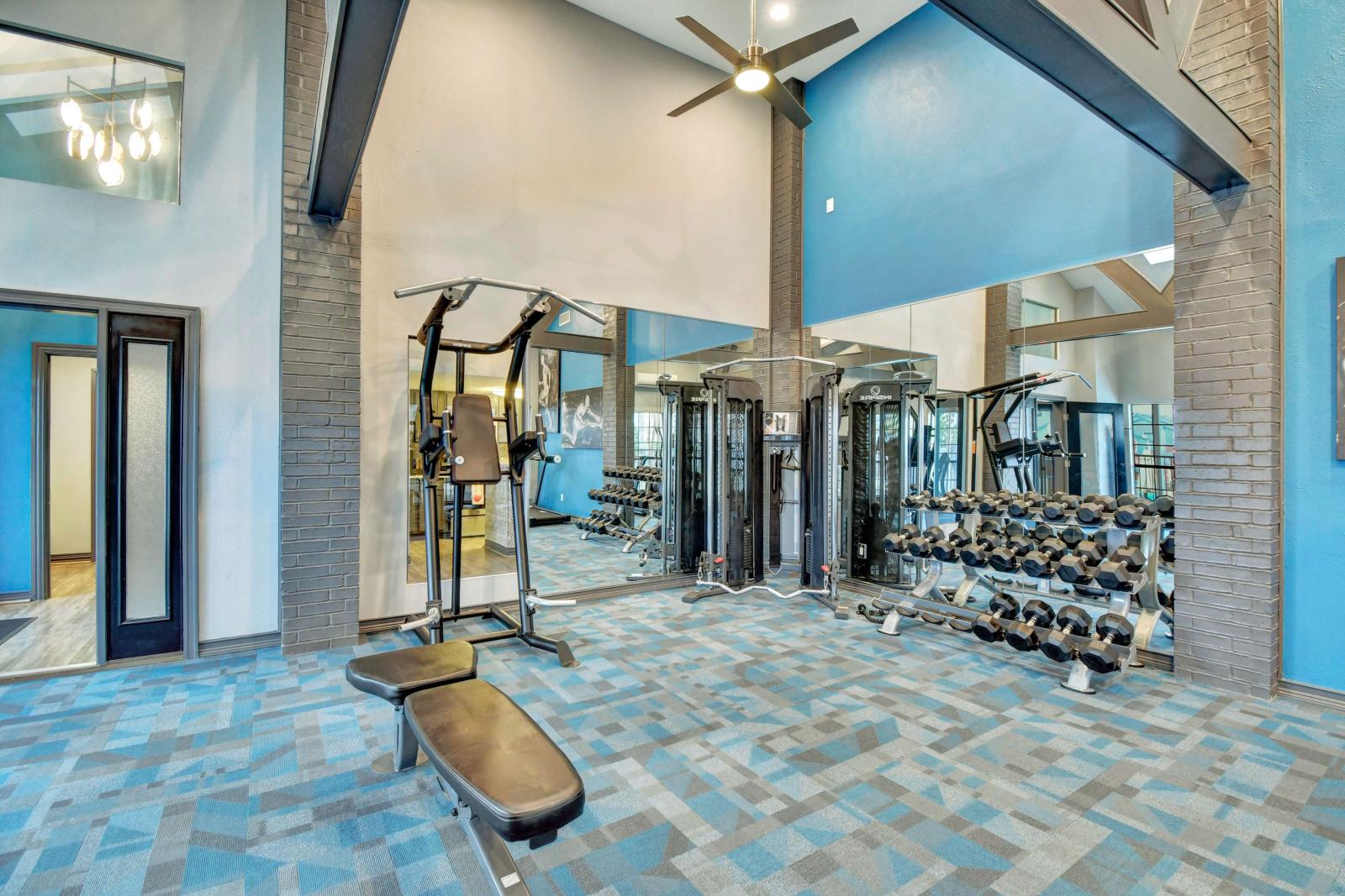 Contemporary fitness center with mirrored walls, free weights, cable machines, and a multi-functional workout bench.