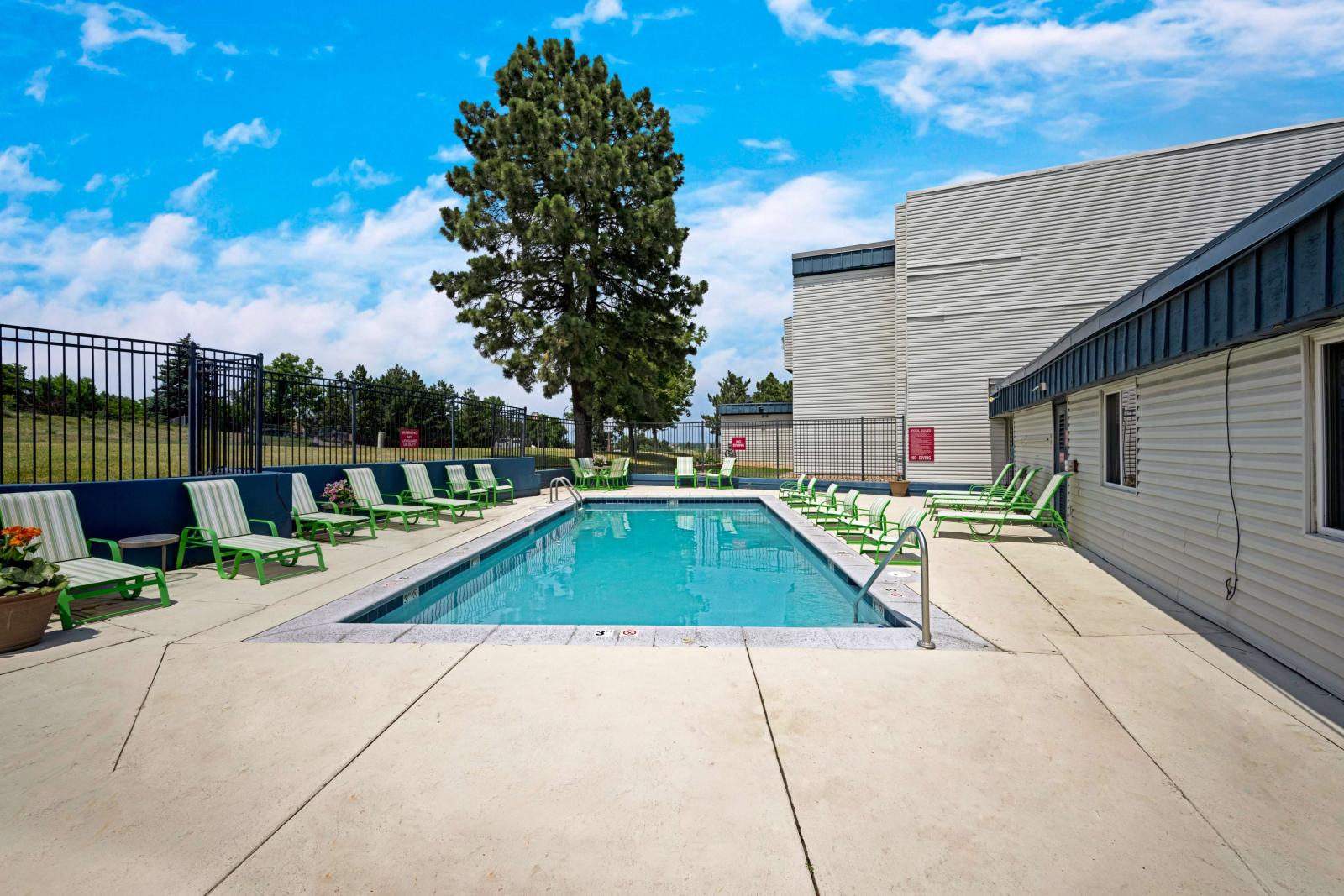 Outdoor pool area with green lounge chairs, potted flowers, and a tall pine tree providing shade along the fenced perimeter.