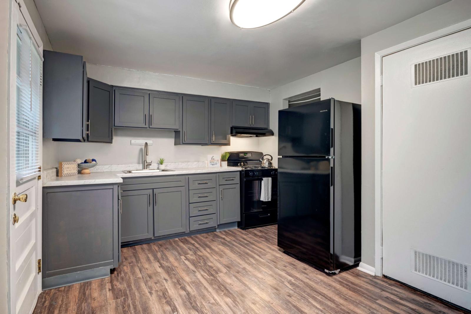 Spacious kitchen with dark gray cabinetry, sleek black appliances, wood-style flooring, and a bright overhead light. A rear entry door and neutral wall tones add function and charm.