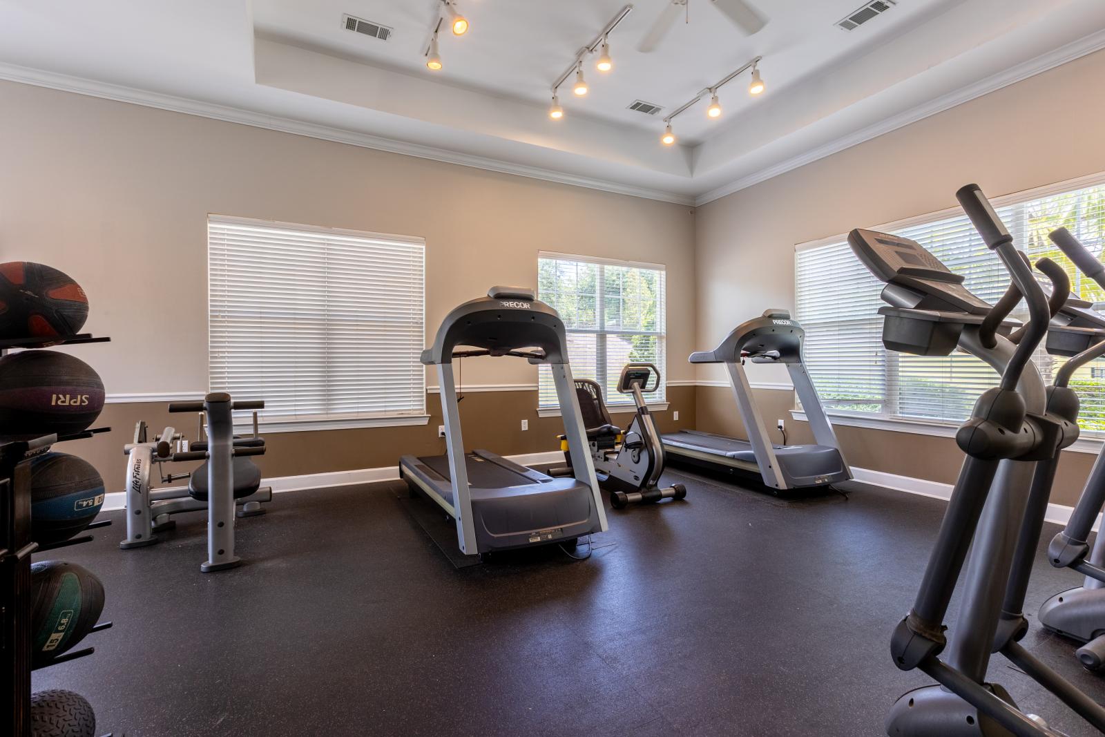 Large fitness center with multiple machines available.