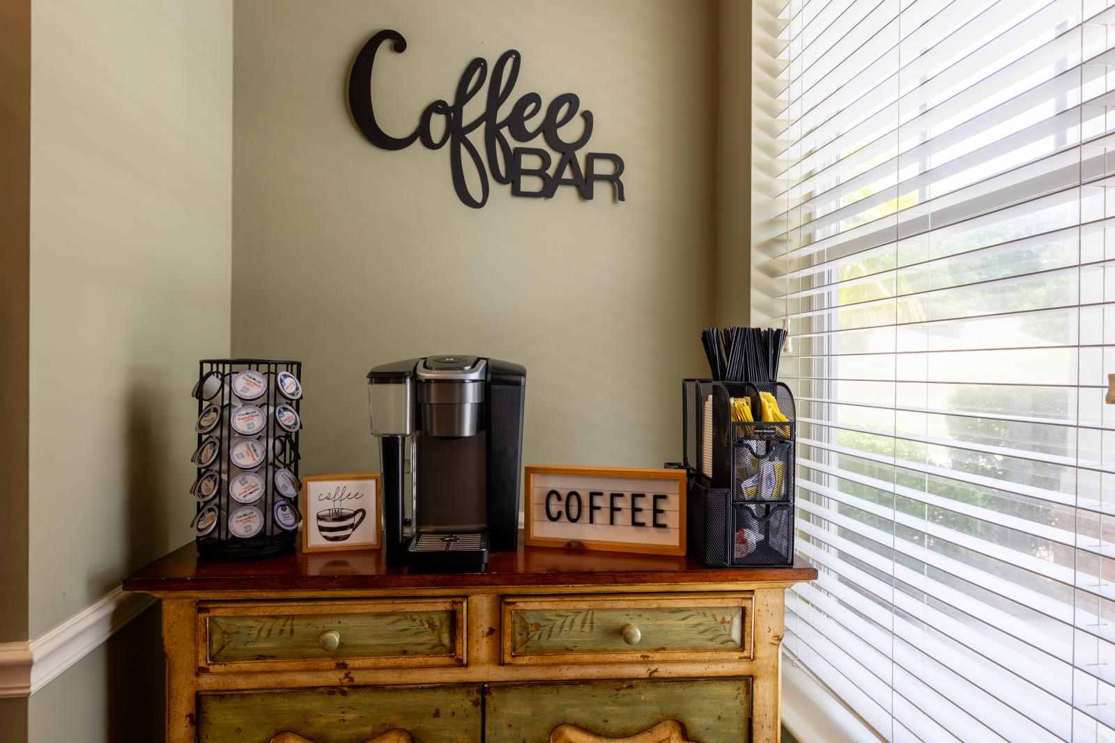 Coffee bar located within the apartment's clubhouse available to residents.