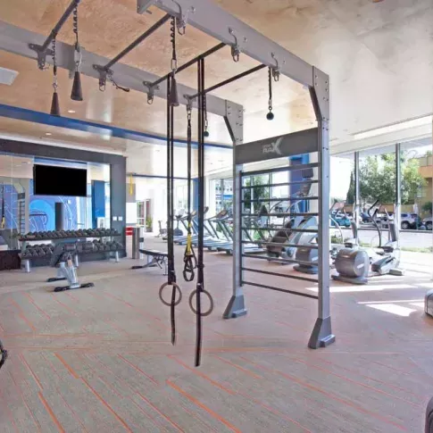 Functional training area with suspension ropes, pull-up bars, and free weights in a spacious gym.