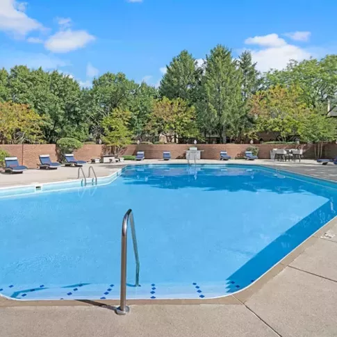 A large outdoor swimming pool surrounded by lounge chairs and mature trees under a clear blue sky.
