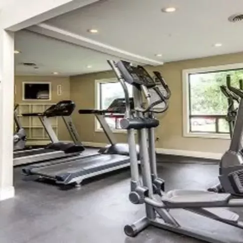 A fitness room featuring multiple treadmills and exercise bikes surrounded by large windows for natural light.
