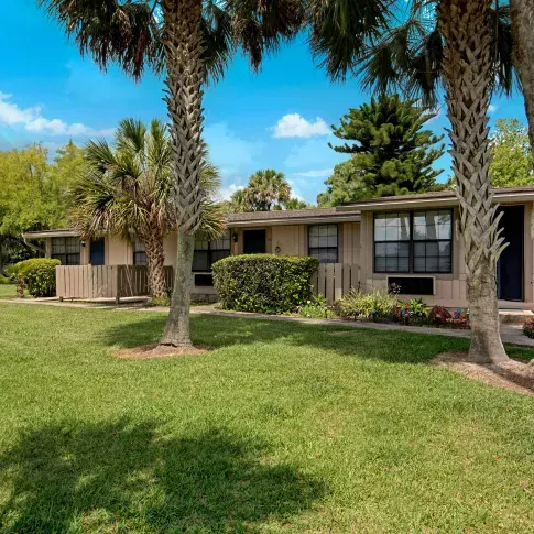 A row of homes with neatly trimmed bushes and a bright, sunny lawn.