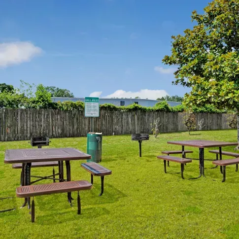 A picnic area with multiple tables and grills surrounded by a wooden fence and greenery.