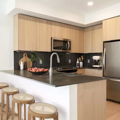 Modern kitchen featuring stainless steel appliances, wood cabinetry, and a sleek tile backsplash at The Edmund Apartments.