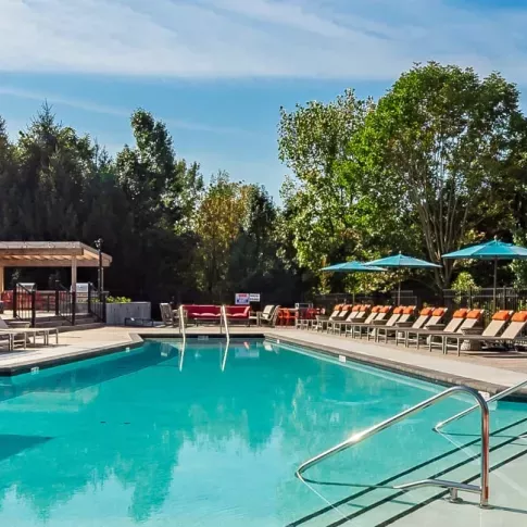 A sparkling outdoor swimming pool surrounded by lounge chairs, umbrellas, and lush greenery, offering a relaxing atmosphere at The Garratt Apartments.