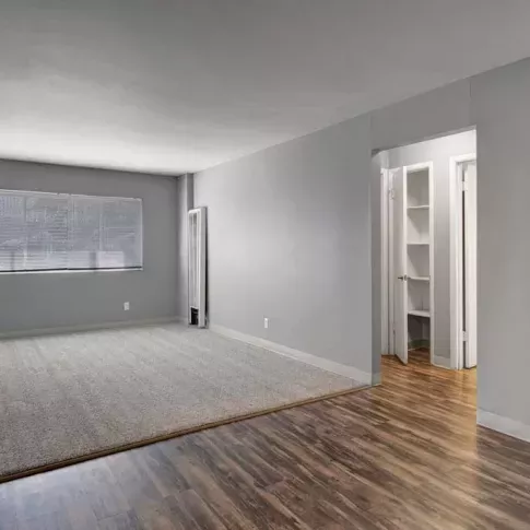 Spacious living room with a mix of carpet and hardwood flooring, featuring a large window that brings in natural light.