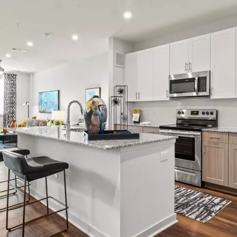 A modern kitchen in Linden Ranch Luxury Apartments featuring granite countertops, stainless steel appliances, and bar seating with stylish black stools. The open-concept design flows into a brightly lit living area with vibrant decor.