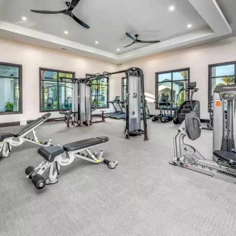 A bright and open gym featuring high ceilings, strength training equipment, and views of the outdoor pool.