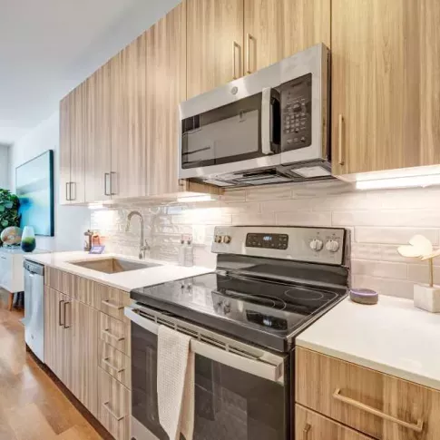 A well-designed kitchen featuring stainless-steel appliances, quartz countertops, and elegant wood cabinetry for a modern touch.