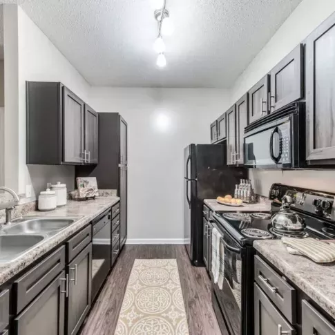 Modern kitchen with dark cabinetry, granite countertops, and stainless steel appliances at The Landings of Conroe Luxury Apartments.