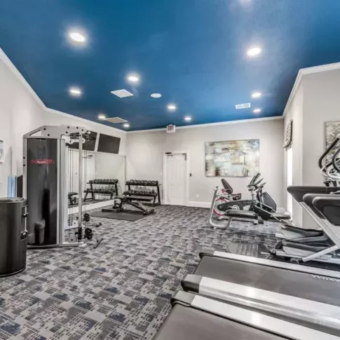 Modern fitness center with cardio and strength training equipment at The Landings of Conroe Luxury Apartments.