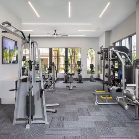 A state-of-the-art fitness center with floor-to-ceiling windows, featuring strength training equipment, TRX bands, medicine balls, and modern exercise machines.