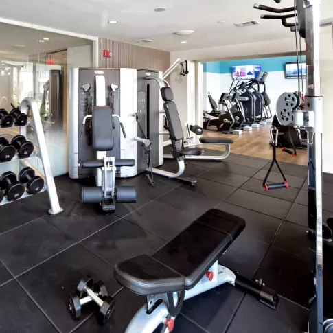 A fully equipped gym featuring weight machines, free weights, and cardio equipment, offering residents a high-end workout experience.