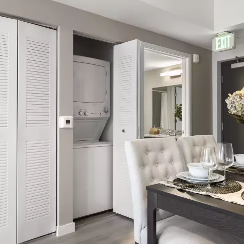 A built-in washer and dryer neatly concealed within a modern closet, located in a Pine Ridge Luxury Apartments unit.