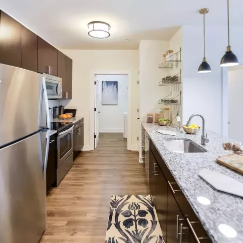 Sleek galley-style kitchen with stainless steel appliances, granite countertops, and thoughtful storage solutions, perfect for modern living.