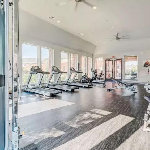Well-equipped gym with treadmills, rowing machines, and a bright, airy design at The Emerson at Forney Apartments.