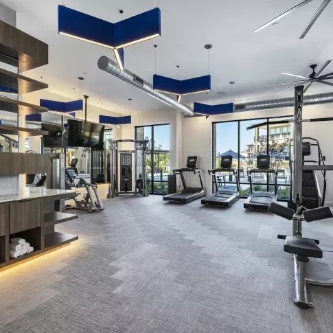 A bright and spacious gym with treadmills, weight machines, and large windows that overlook the pool area for an energizing workout experience.