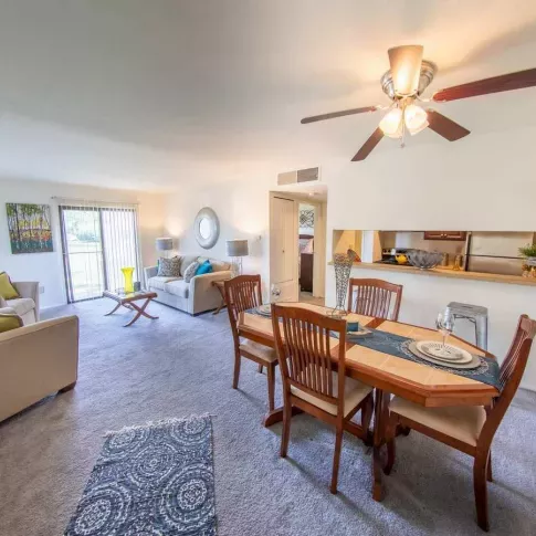 Stylish and inviting living and dining area with contemporary decor, plush seating, and an open floor plan at Forest Creek Apartments