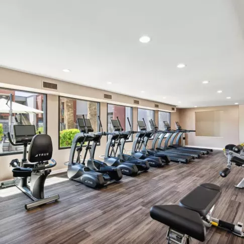 Well-equipped fitness center with multiple treadmills, exercise machines, and large windows offering natural light.