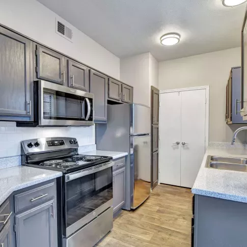 Modern kitchen with gray cabinetry, stainless steel appliances, granite-style countertops, and wood-style flooring.