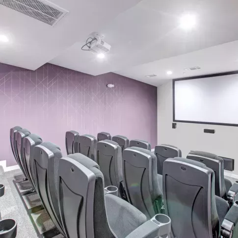 Theater-style media room with multiple rows of cushioned seating and a large projection screen.