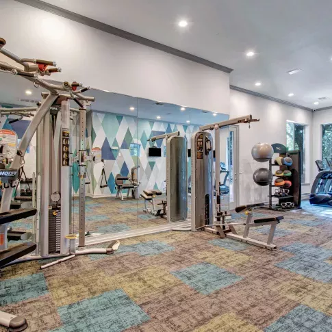 Spacious fitness center with modern workout equipment, colorful carpet tiles, and large mirrors.