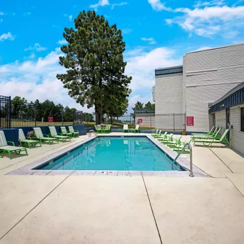 Outdoor pool area with green lounge chairs, potted flowers, and a tall pine tree providing shade along the fenced perimeter.