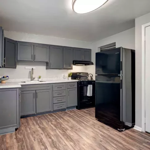 Spacious kitchen with dark gray cabinetry, sleek black appliances, wood-style flooring, and a bright overhead light. A rear entry door and neutral wall tones add function and charm.