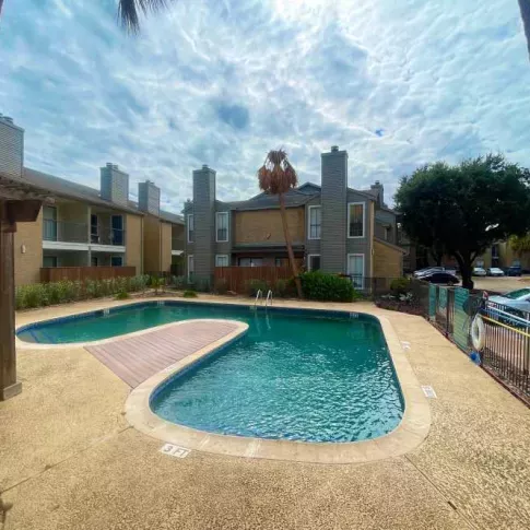 A relaxing poolside ambiance with palm trees and a well-maintained deck at The Oaks of Westchase Apartments, offering a serene environment for residents.