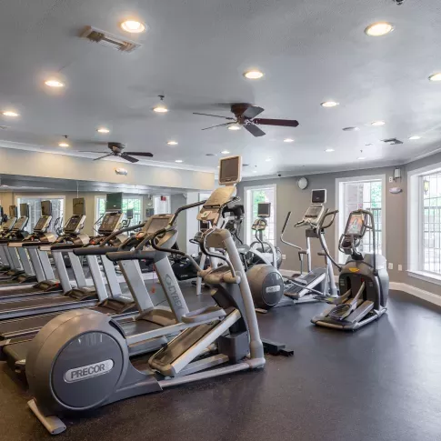 A bright and well-equipped fitness center featuring treadmills, elliptical machines, and large windows for natural light.